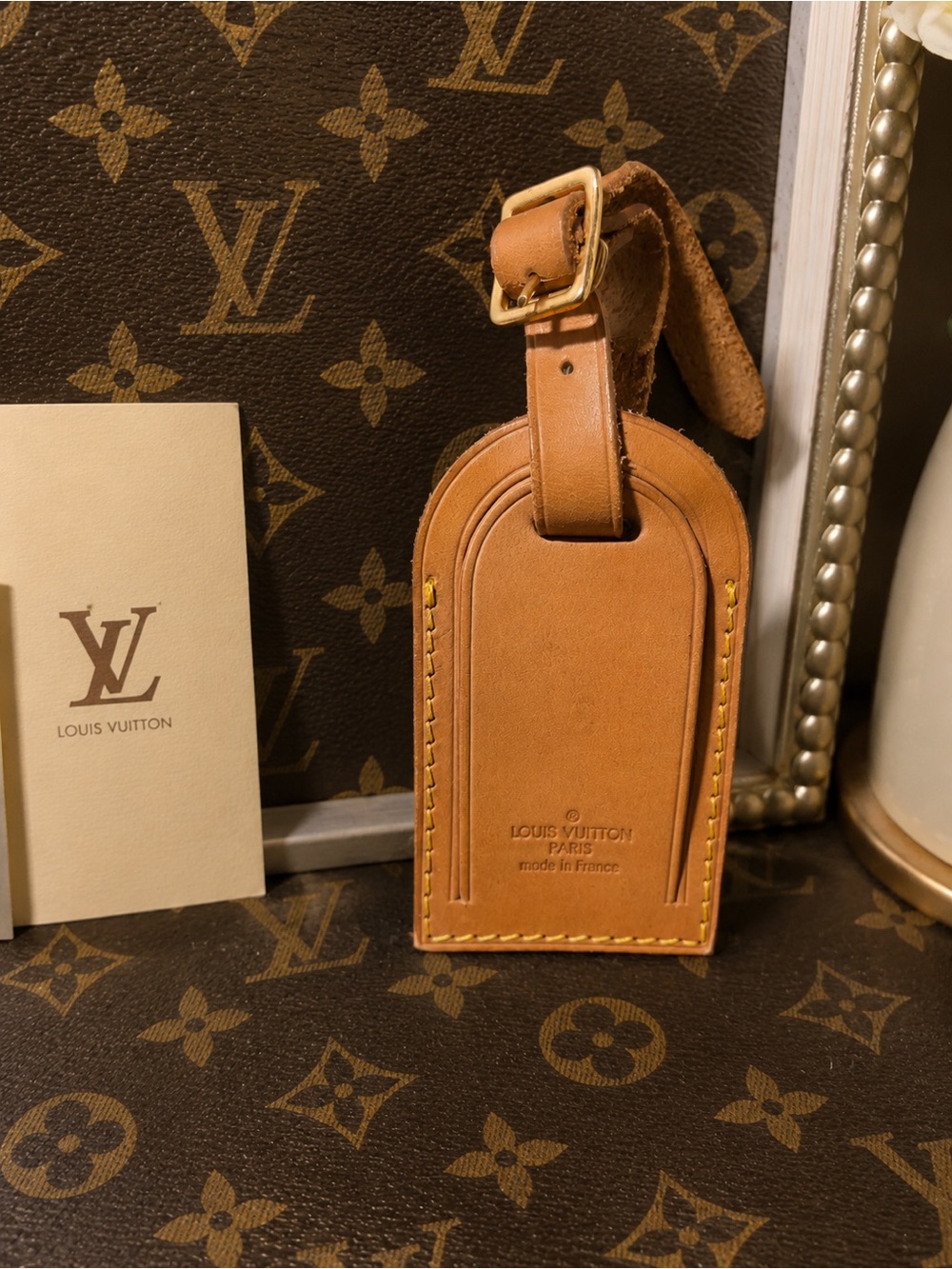 Louis Vuitton Brown Leather Luggage Tag with Gold-Tone Buckle
